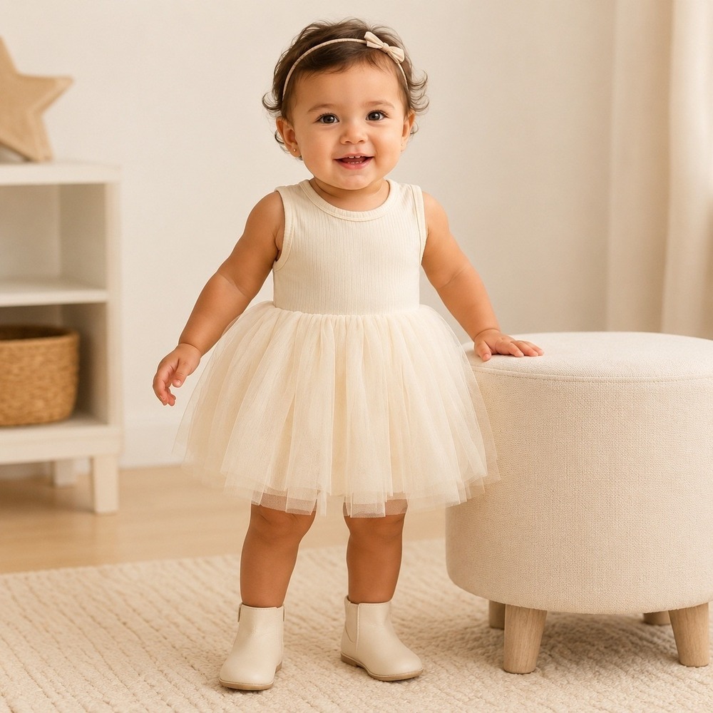 Bums & Roses Cream Ribbed Bamboo Tutu Bodysuit 18-24 Months Sleeveless